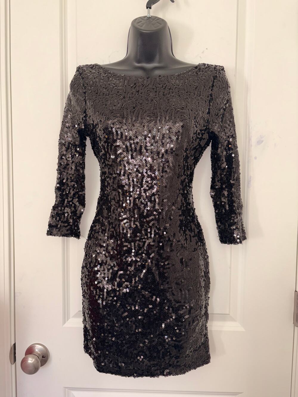 Glamorous Black Sequin Mini Dress Low Back & 3/4 Sleeves M
